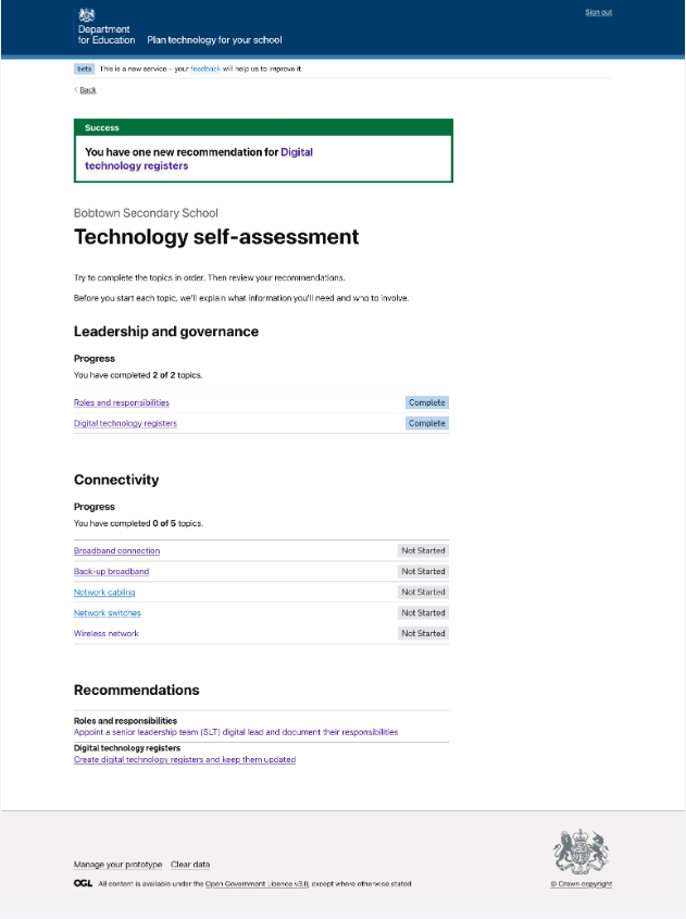 Страница Technology self-assessment с зелёным Success banner вверху и блоками прогресса и рекомендаций ниже